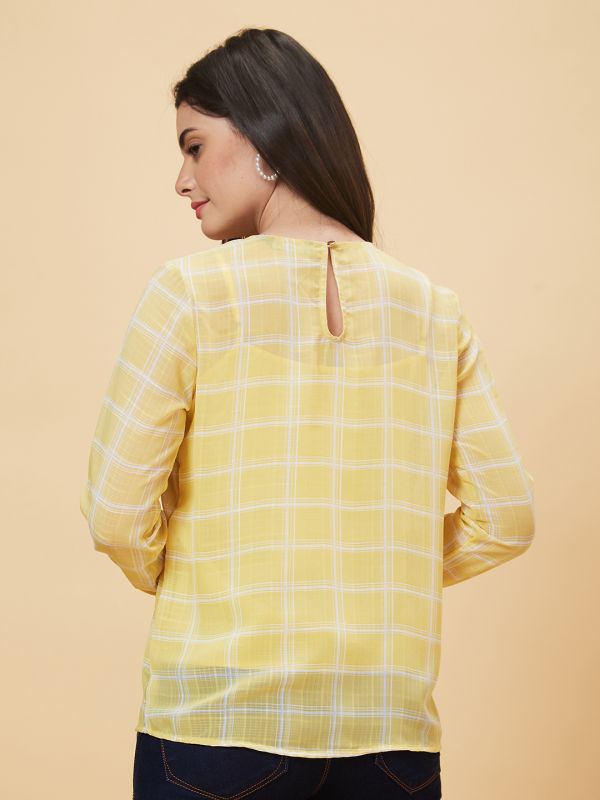 Globus Women Yellow Checked Round Neck Casual Top