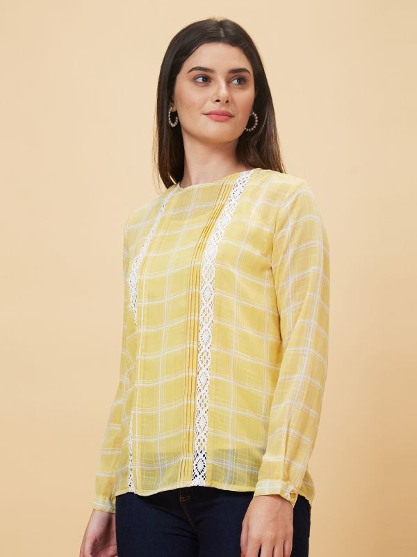 Globus Women Yellow Checked Round Neck Casual Top