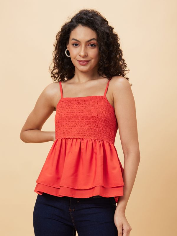 Globus Women Rust Solid Shoulder Straps Casual Top