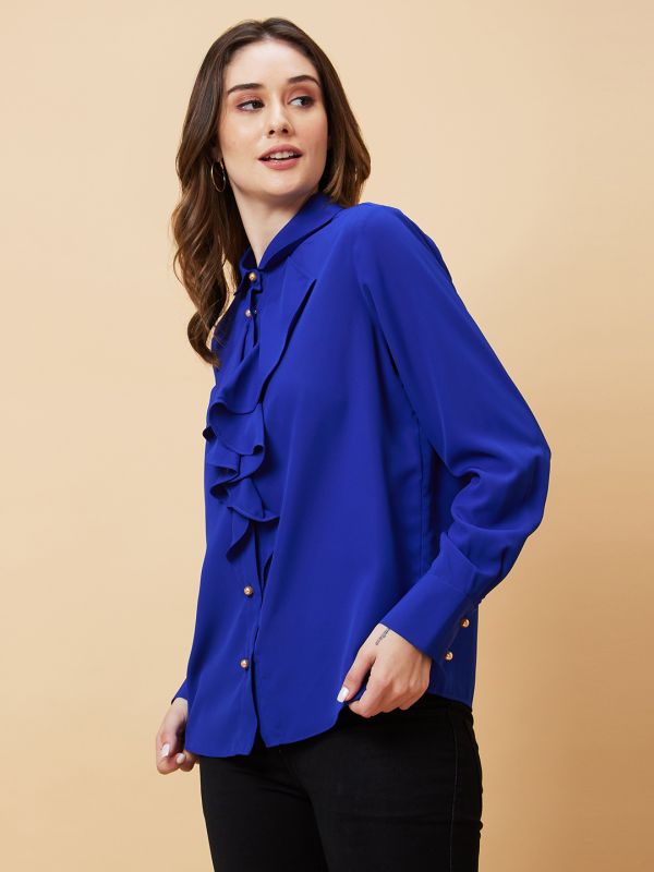 Globus Women Blue Cuffed Sleeves Ruffles Shirt Style Top