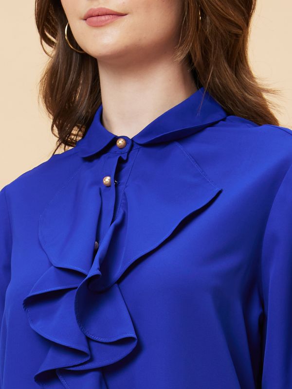 Globus Women Blue Cuffed Sleeves Ruffles Shirt Style Top