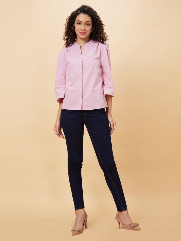 Globus Women Pink Solid Mandarin Collar Casual Top