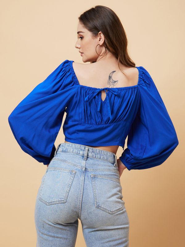 Globus Women Solid Royal Blue Balloon Sleeve Crop Top