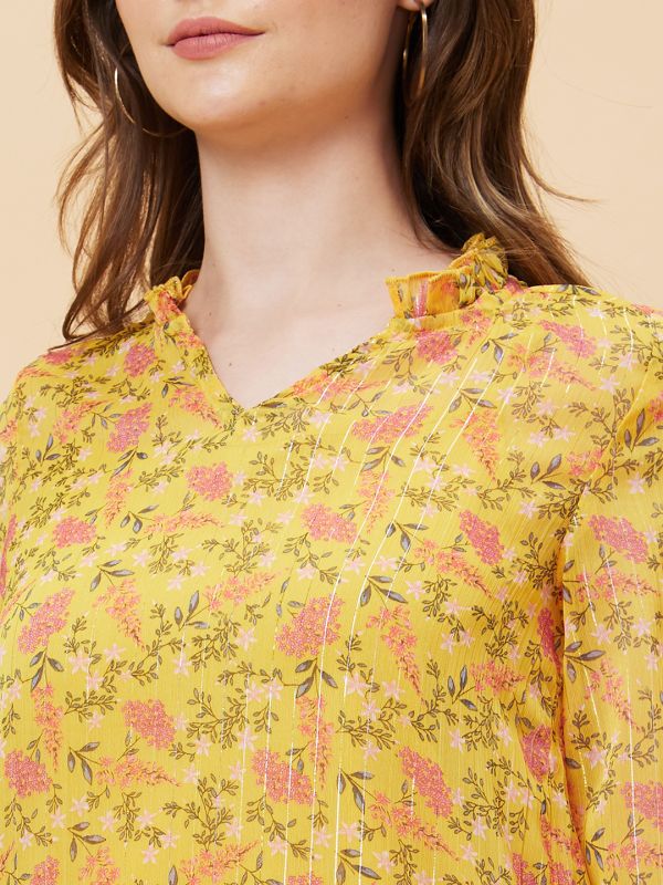 Globus Women Yellow Floral Printed Ruffle Collar Top