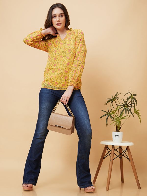 Globus Women Yellow Floral Printed Ruffle Collar Top