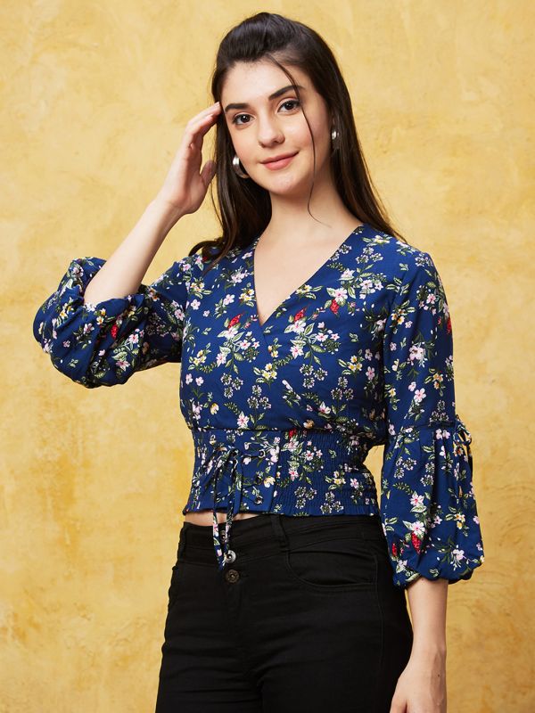 Globus Women Navy Blue Floral Print Wrap V-Neck Crop Top