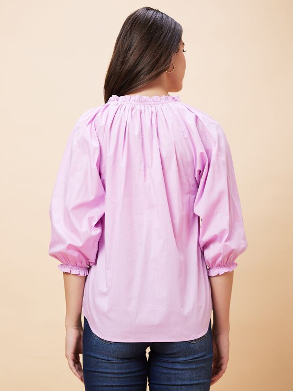 Globus Women Pink Solid Ruffle V-Neck Casual Top