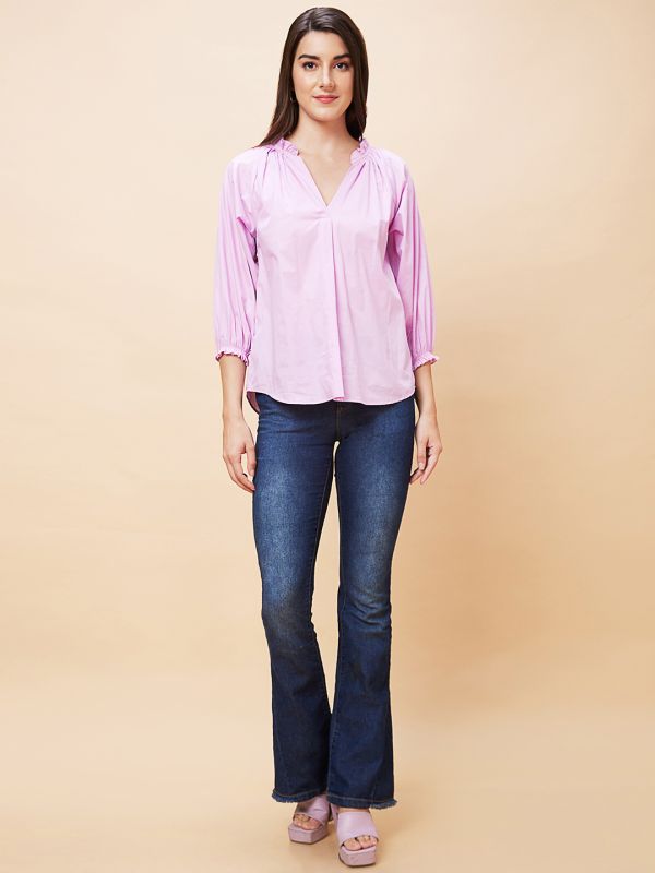 Globus Women Pink Solid Ruffle V-Neck Casual Top