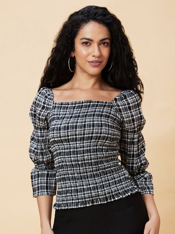 Globus Women Black Checked Square Neck Smocked Casual Top