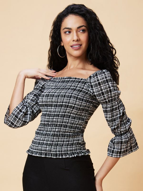 Globus Women Black Checked Square Neck Smocked Casual Top