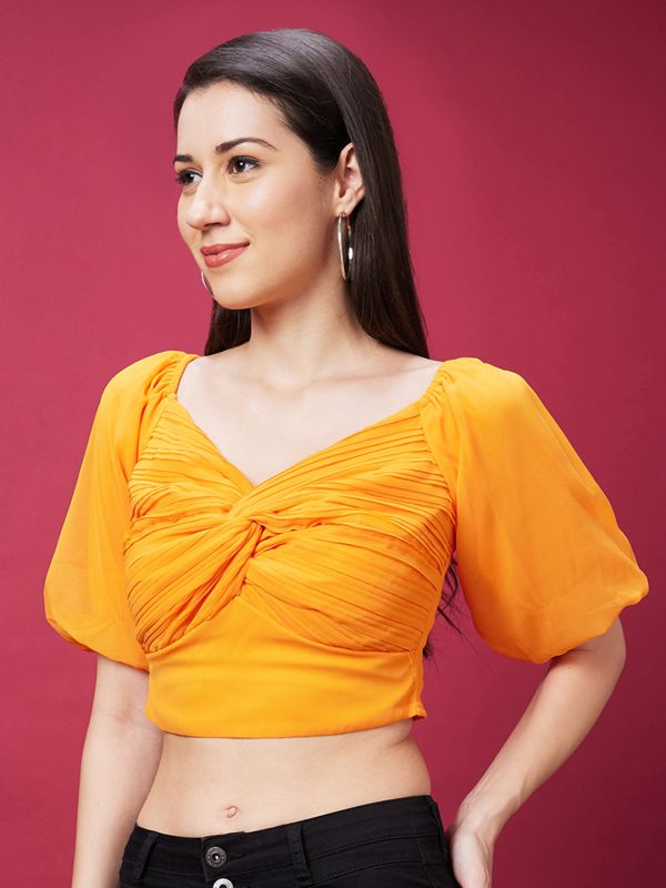 Globus Women Orange Solid Sweetheart Neck Twisted Crop Top