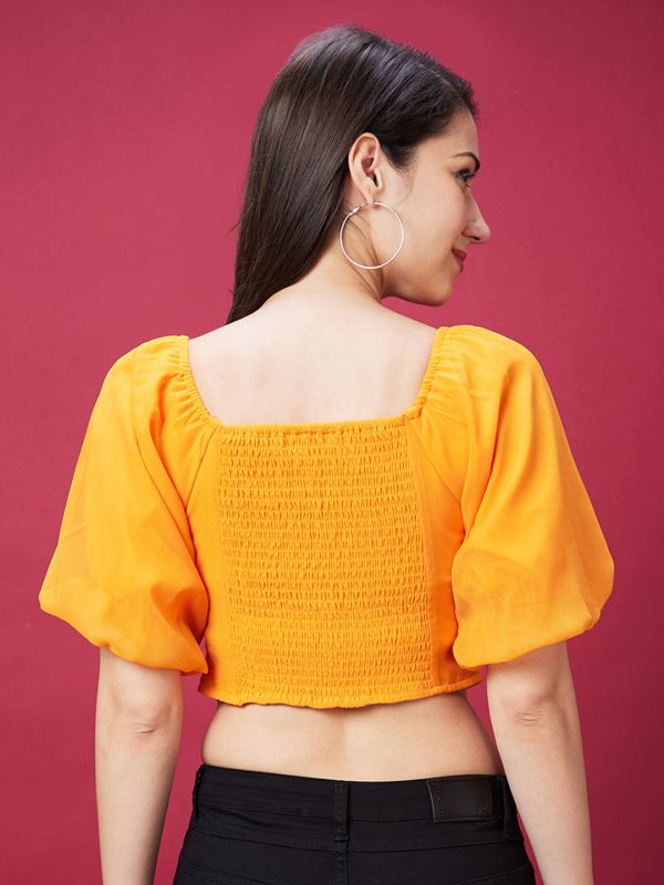 Globus Women Orange Solid Sweetheart Neck Twisted Crop Top