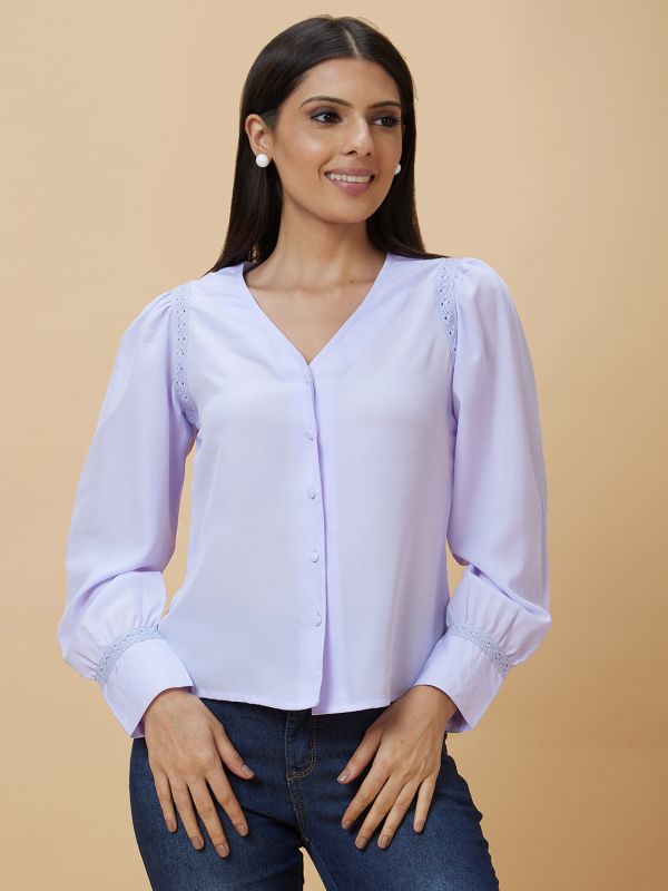 Globus Women Blue Solid Button Open Up Casual Full Sleeve Top