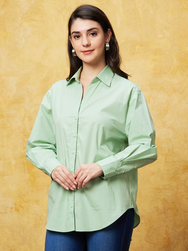 Globus Women Green Solid Long Sleeves Shirt Style Top