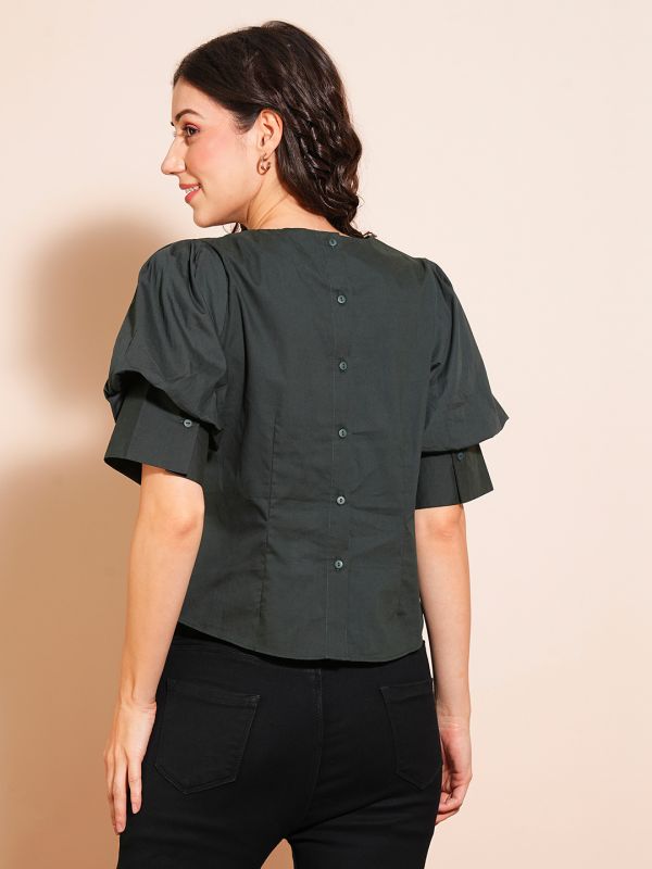 Globus Women Green Puff Sleeve Round Neck Back Button Shirt Style Workwear Top