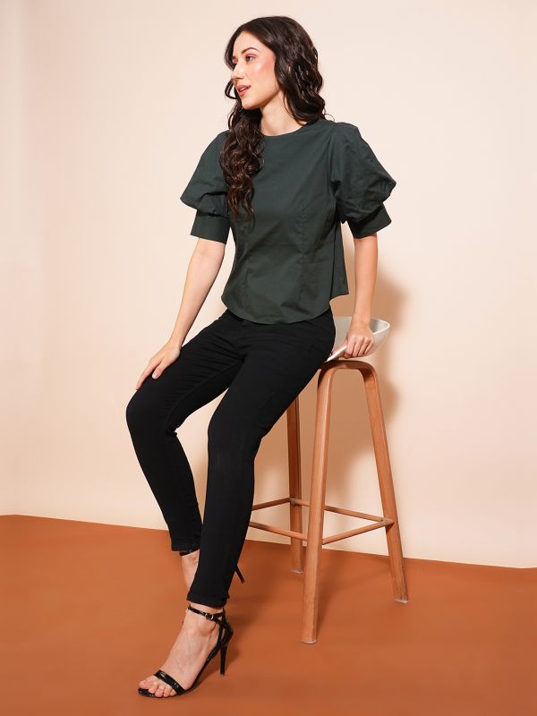 Globus Women Green Puff Sleeve Round Neck Back Button Shirt Style Workwear Top