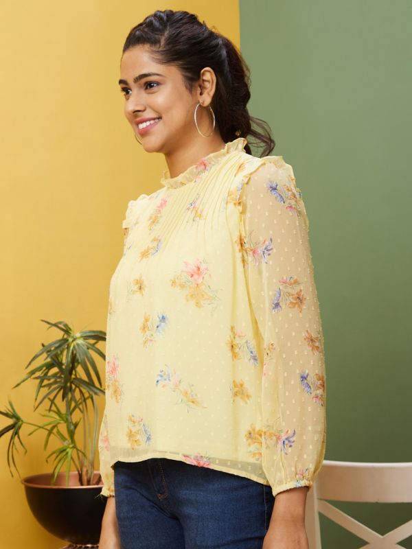 Globus Women Yellow Floral Print Frilled High Neck Bishop Sleeves Georgette Top