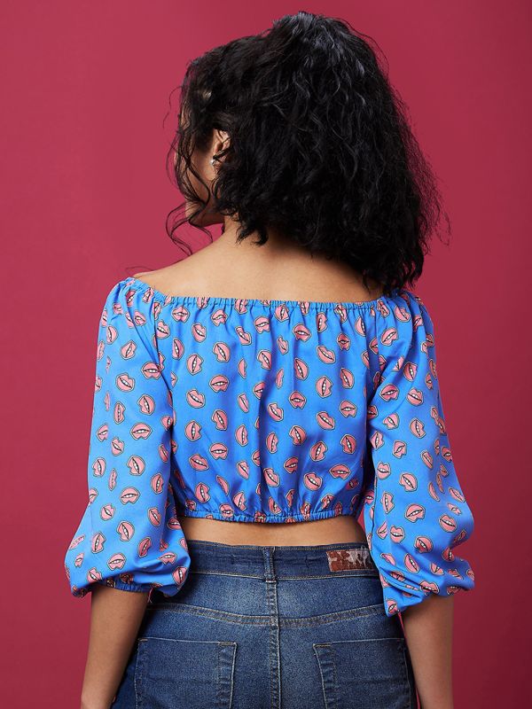 Globus Women Blue Graphic Print Off Shoulder Crop Top