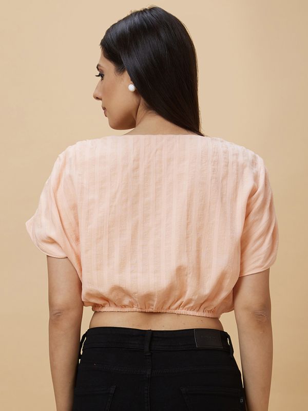 Globus Women Peach Solid Waist Tie-Up Ruched Sleeve Casual Crop Top