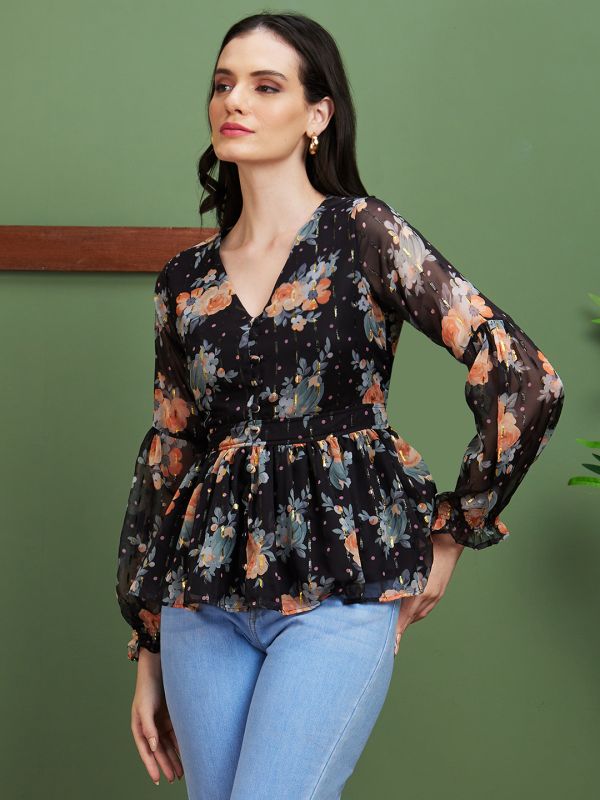 Globus Women Black Floral Print Polyester V-Neck Casual Peplum Top