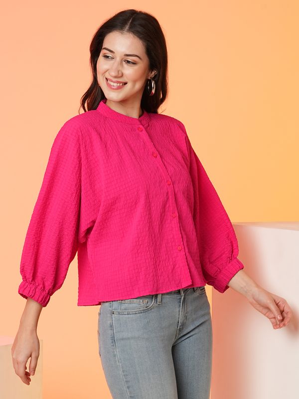 Globus Women Fuchsia Mandarin Collar Batwing Sleeves Structured Shirt Style Top