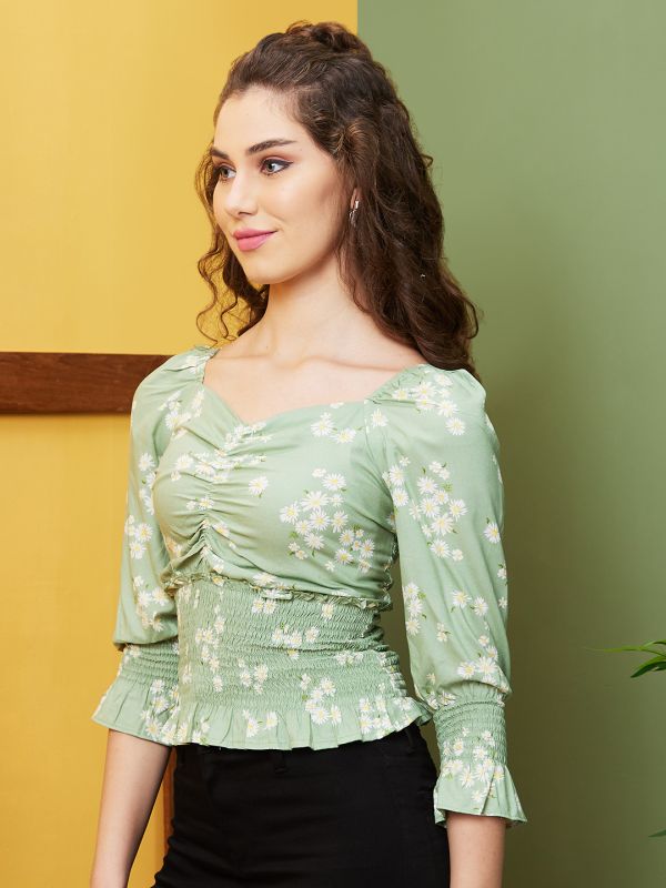 Globus Women Green Floral Print Sweetheart Neck Frilled & Cinched Waist Top