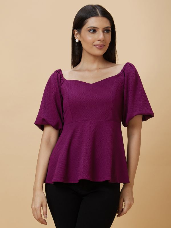 Globus Women Purple Solid Sweetheart Neckline Puffed Sleeve Casual Top