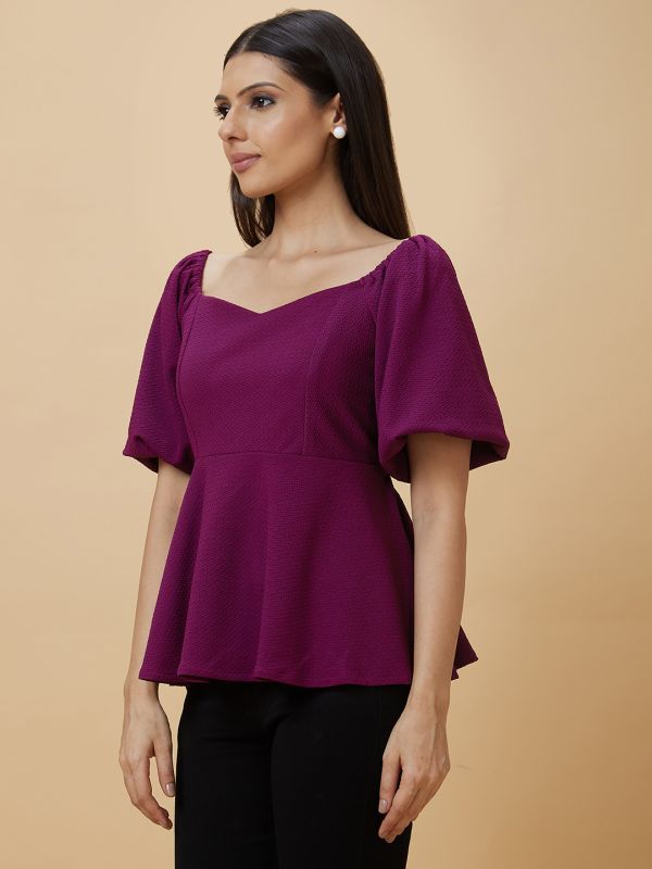 Globus Women Purple Solid Sweetheart Neckline Puffed Sleeve Casual Top