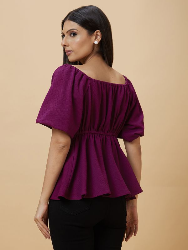 Globus Women Purple Solid Sweetheart Neckline Puffed Sleeve Casual Top