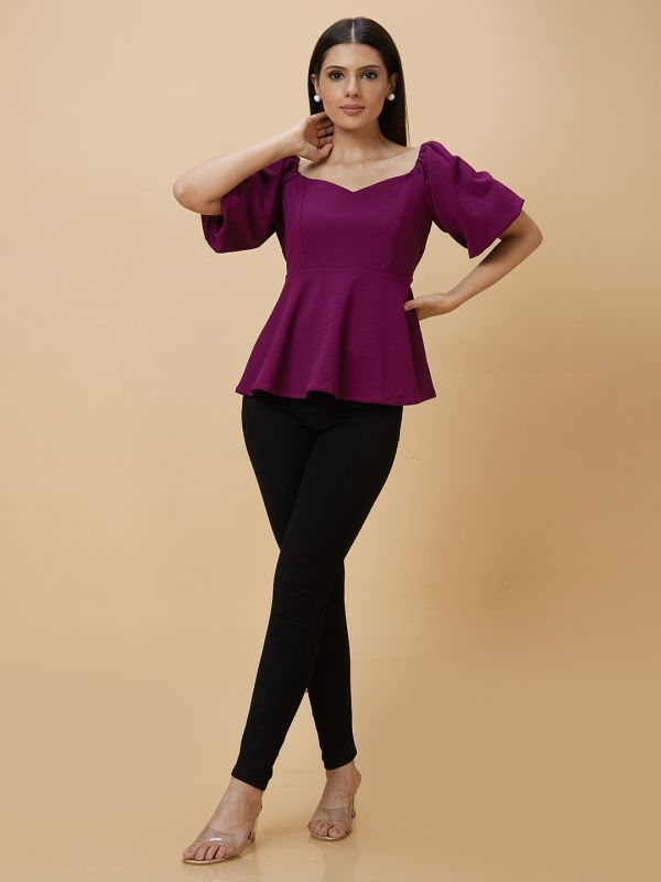 Globus Women Purple Solid Sweetheart Neckline Puffed Sleeve Casual Top