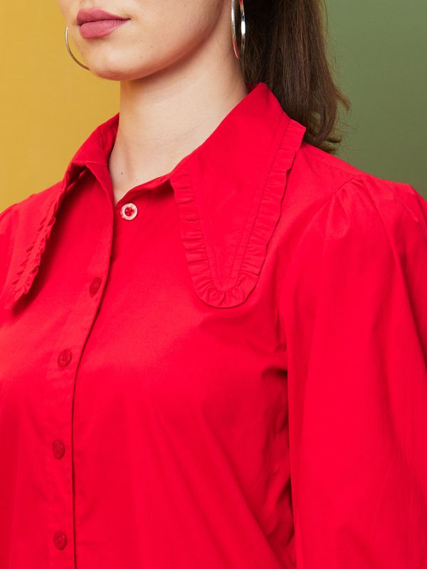 Globus Women Red Frill Collar Cuffed Sleeve Shirt Style Top 