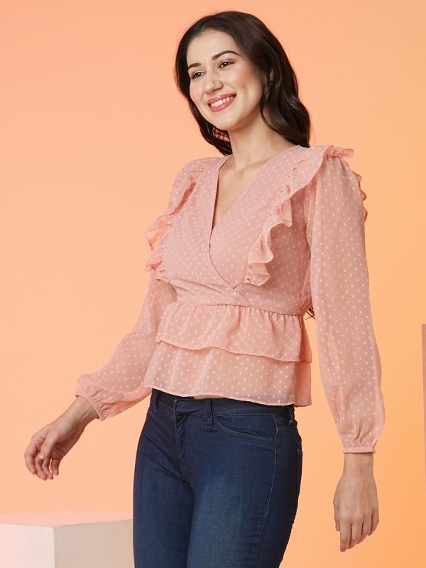 Globus Women Peach V-Neck Full Sleeves Blouse