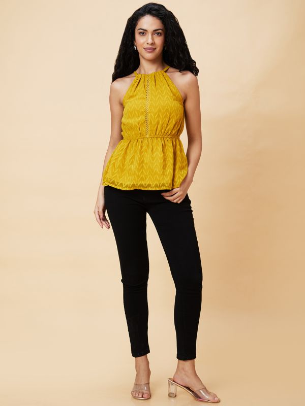 Globus Women Mustard Self Textured Halter Neck Casual Peplum Top