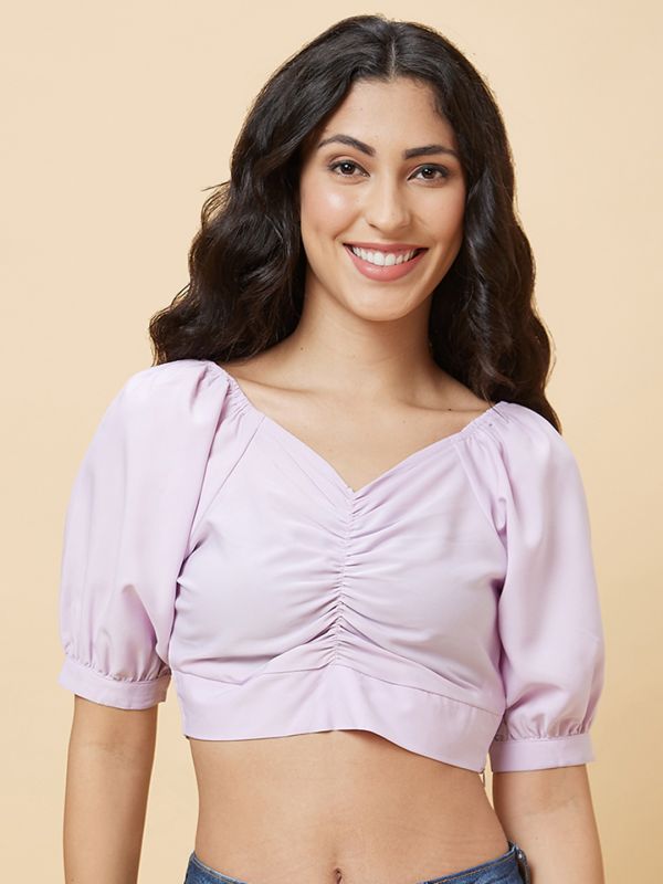 Globus Women Lilac Solid V-Neck Ruched Casual Crop Top