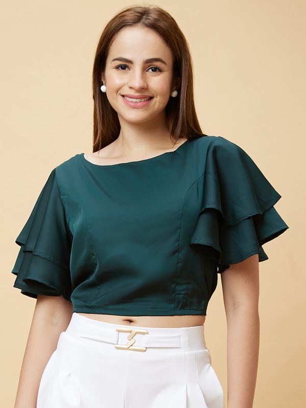 Globus Women Green Flared Sleeves Crop Top