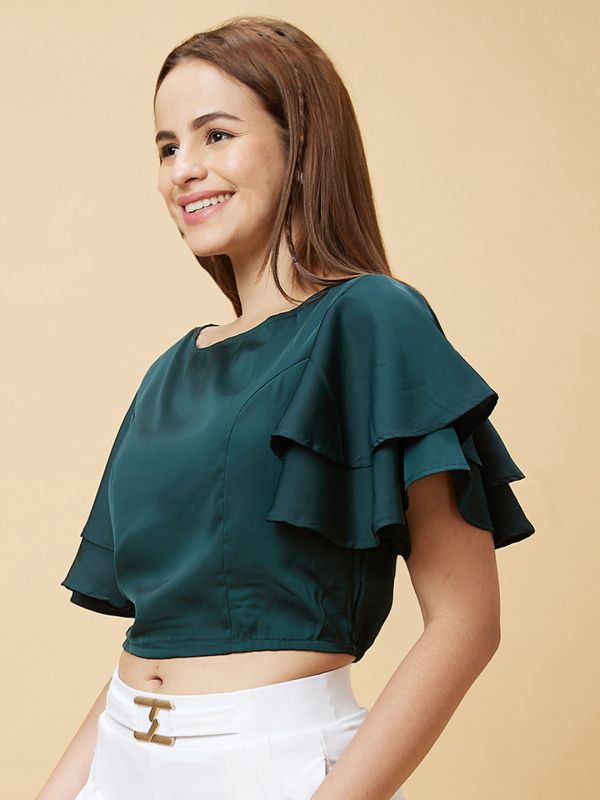 Globus Women Green Flared Sleeves Crop Top