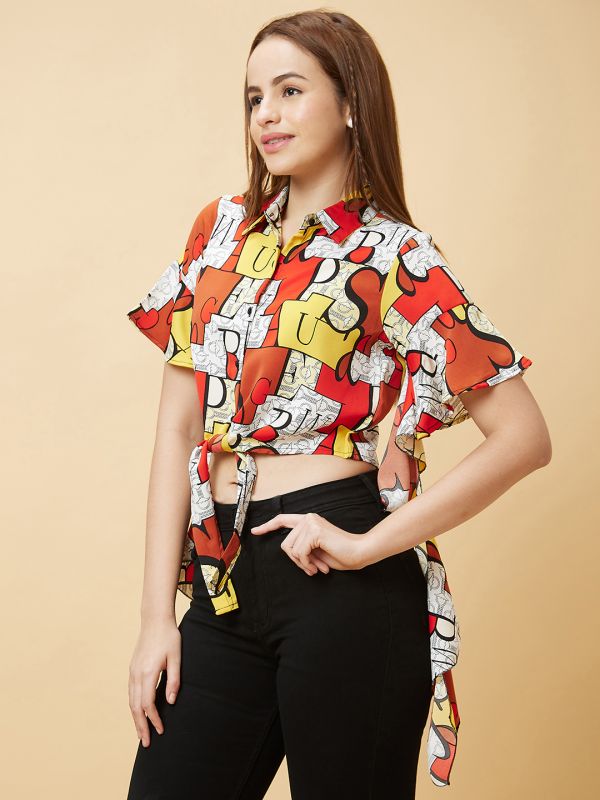 Globus Women Red Typography Print Casual Shirt Style Crop Top with Waist Tie-Up