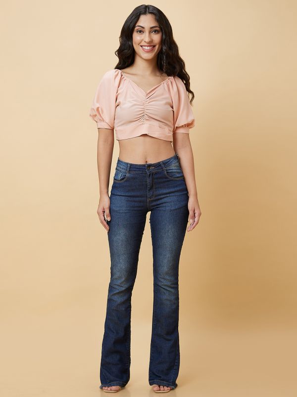 Globus Women Peach Solid V-Neck Ruched Casual Crop Top