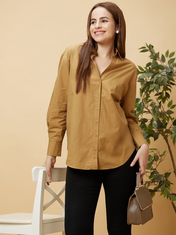 Globus Women Brown Oversized Shirt Collar Top