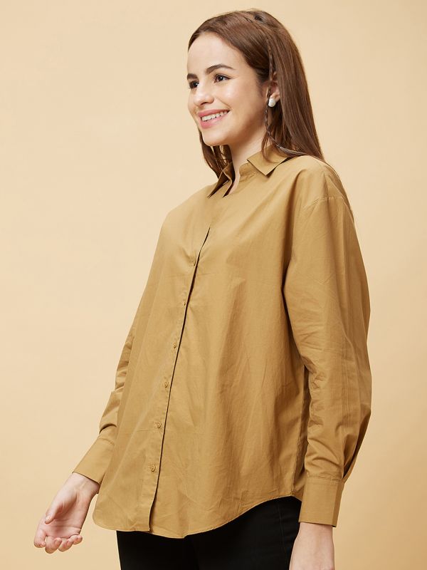 Globus Women Brown Oversized Shirt Collar Top