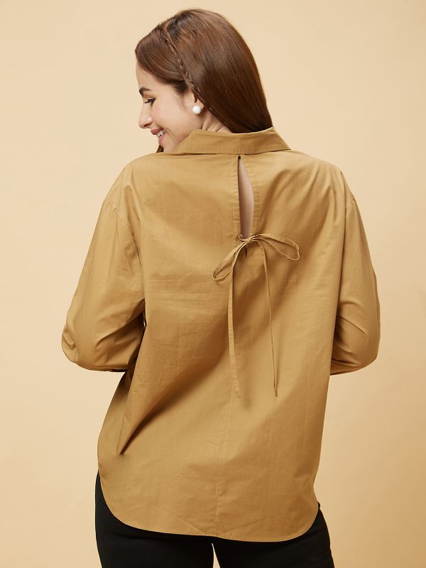 Globus Women Brown Oversized Shirt Collar Top