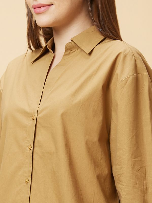 Globus Women Brown Oversized Shirt Collar Top