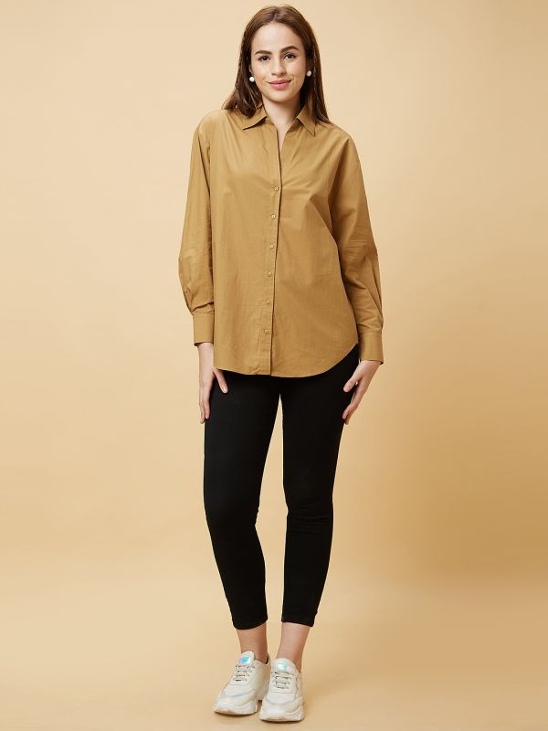 Globus Women Brown Oversized Shirt Collar Top