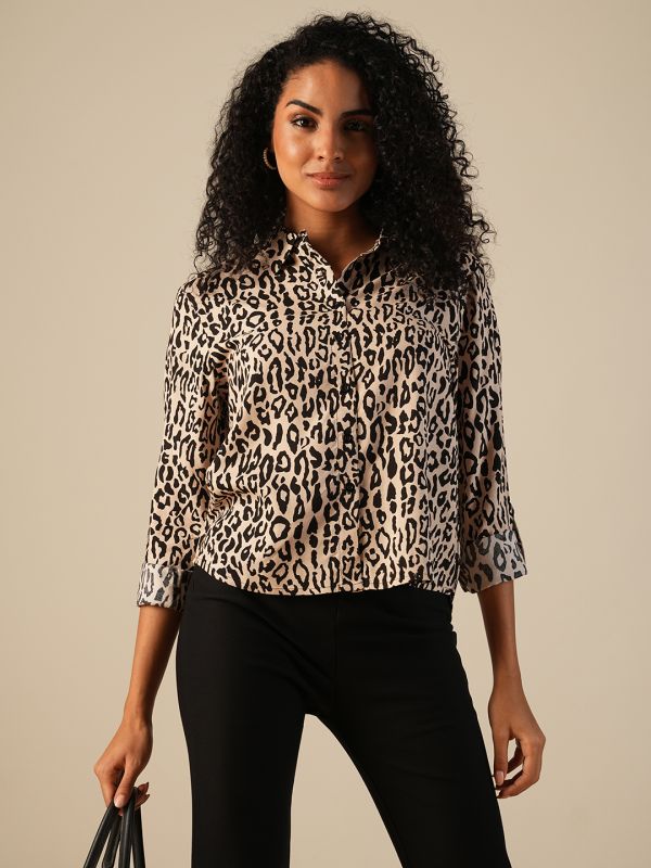 Globus Women Beige Roll Up Sleeves Animal Print Workwear Shirt