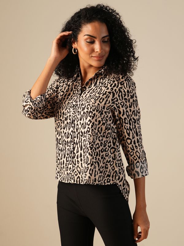 Globus Women Beige Roll Up Sleeves Animal Print Workwear Shirt