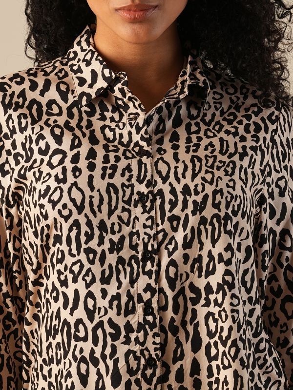 Globus Women Beige Roll Up Sleeves Animal Print Workwear Shirt