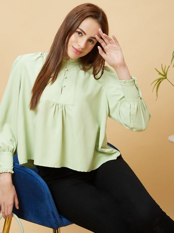 Globus Women Mint Green Solid High Neck Casual Top