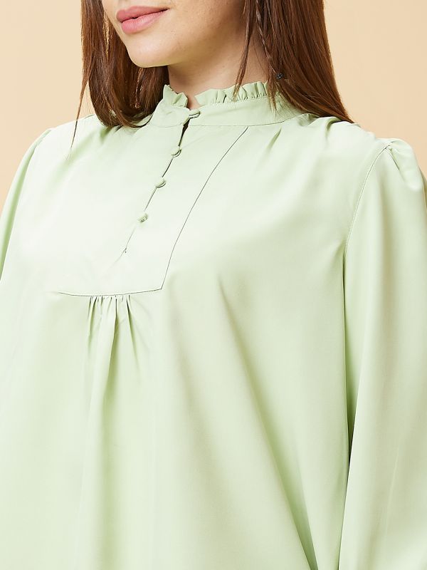 Globus Women Mint Green Solid High Neck Casual Top