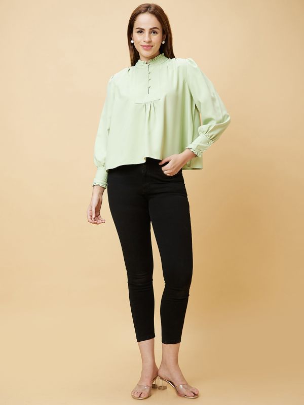 Globus Women Mint Green Solid High Neck Casual Top