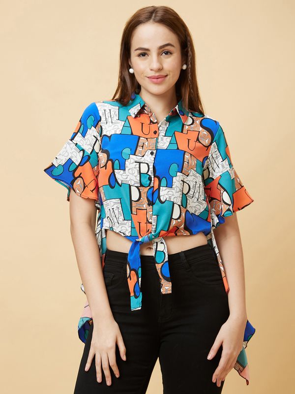 Globus Women Blue Graphic Print Waist Tie-Up Crop Shirt Style Top